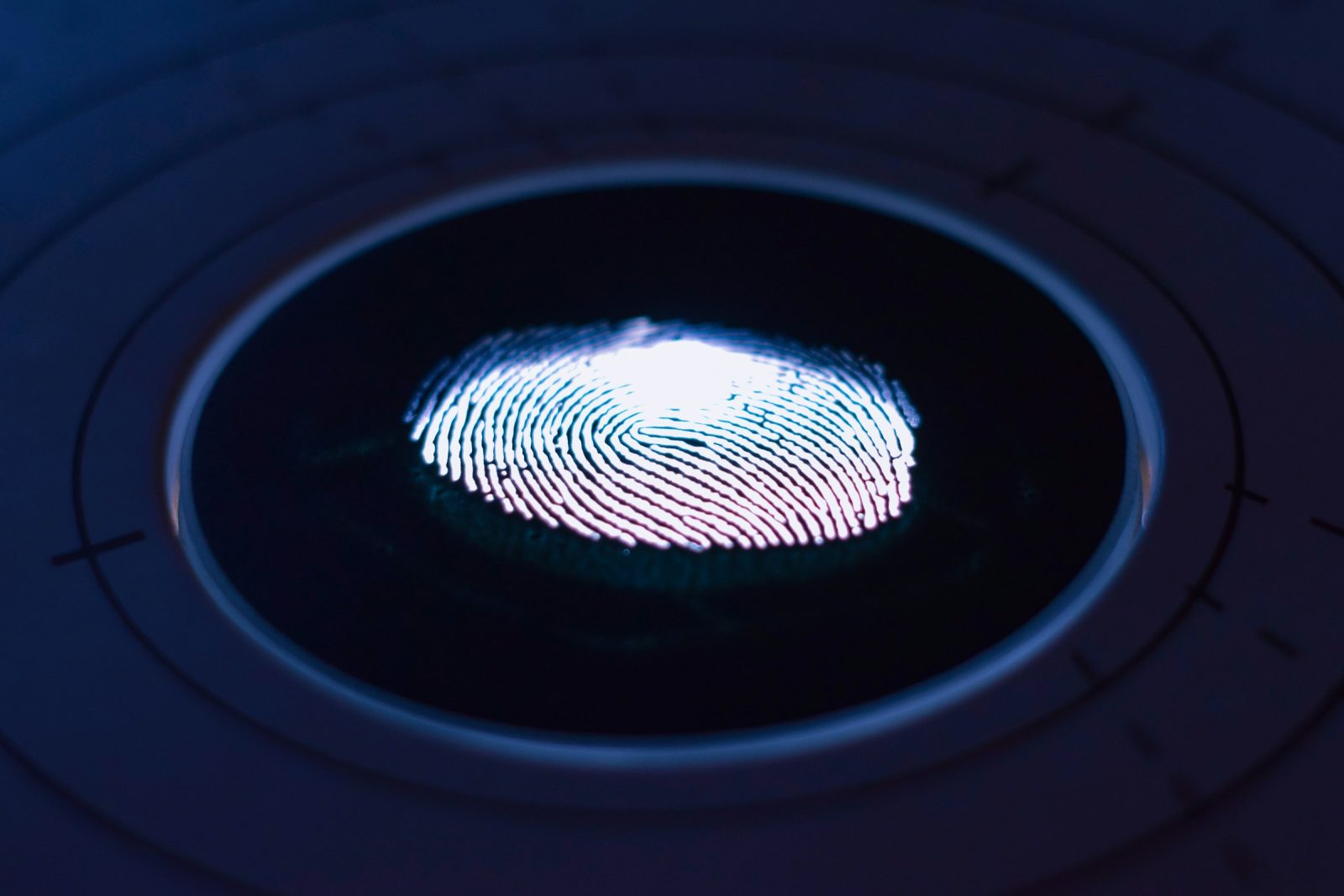 A fingerprint glowing on a circular biometric scanner