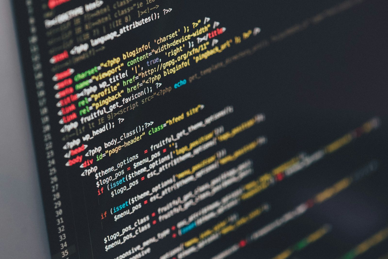 A monitor showing source code in an editor on a developer workstation